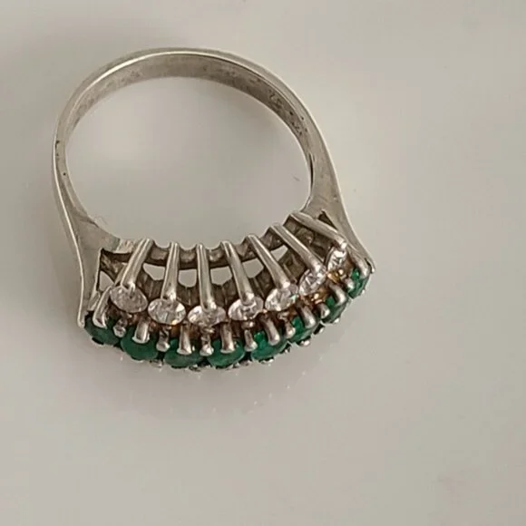 Vintage Boho 3 Row Crystal Natural Emerald Sterling Silver 925 Cocktail Ring 6.2 - Picture 5 of 9
